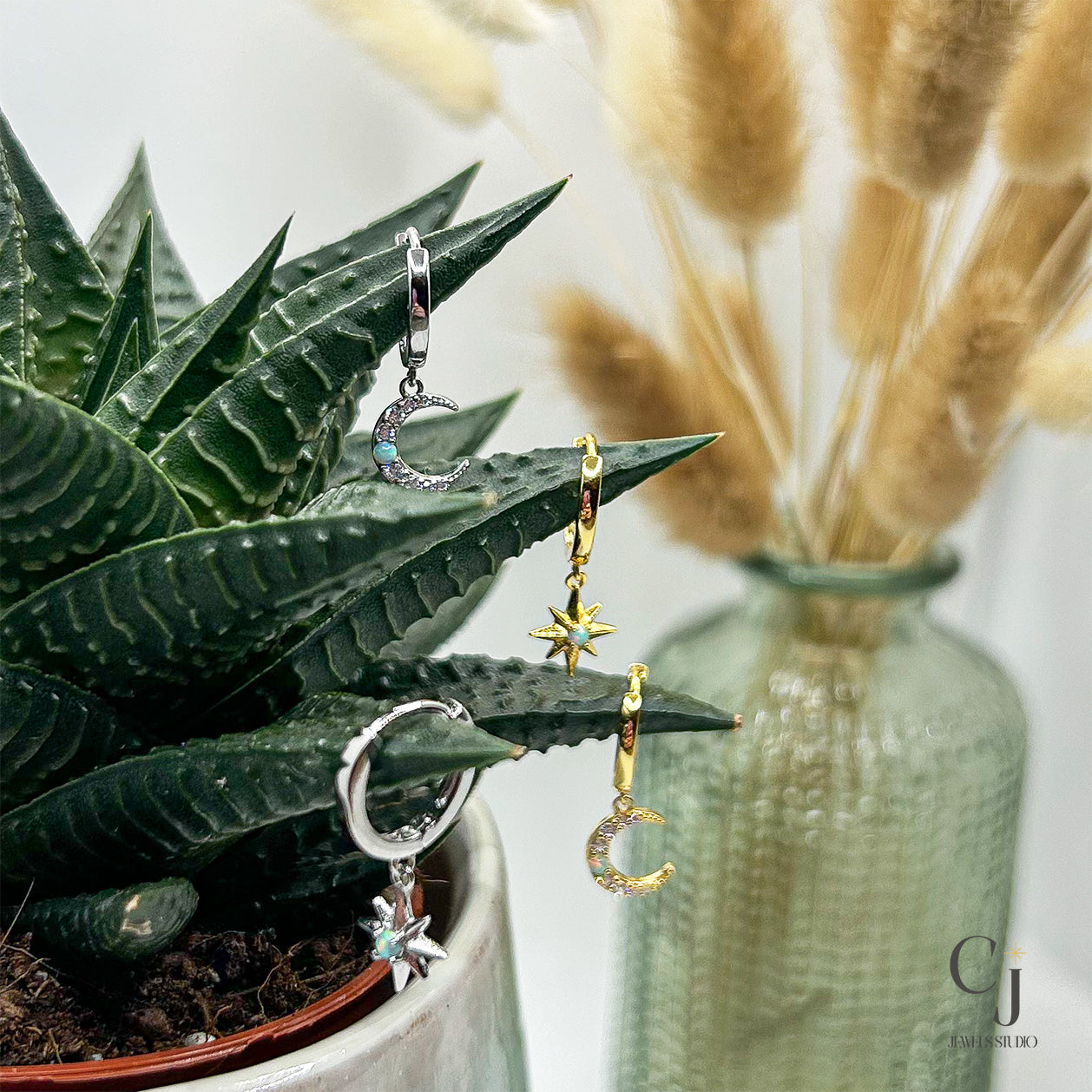 Star Moon Gold Earrings | Huggie Hoop Earrings | CJ Jewels Studio