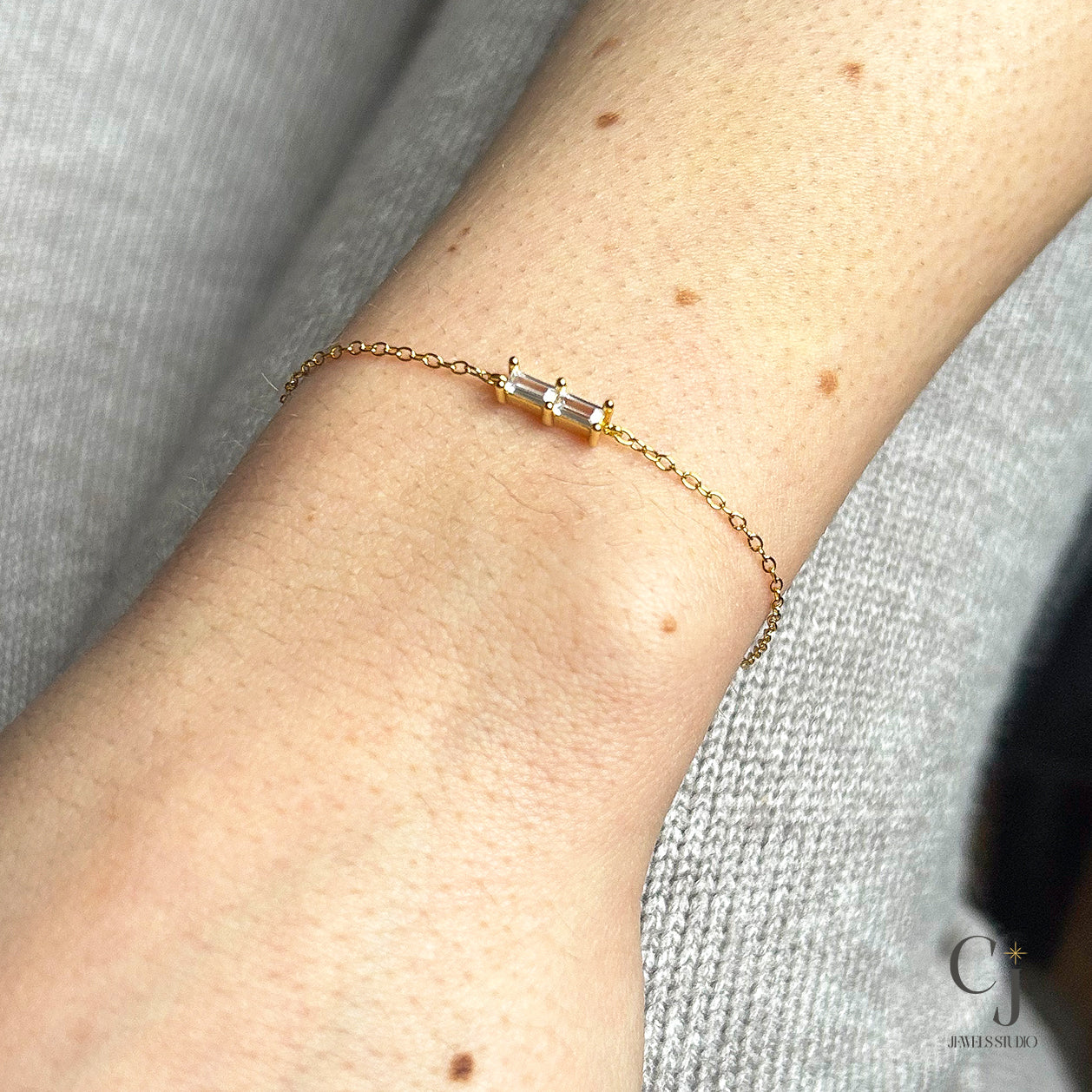 Silver and gold, dainty bracelets with thin chain and baguette style, clear zircon stones