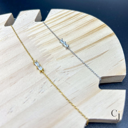 Silver and gold, dainty bracelets with thin chain and baguette style, clear zircon stones