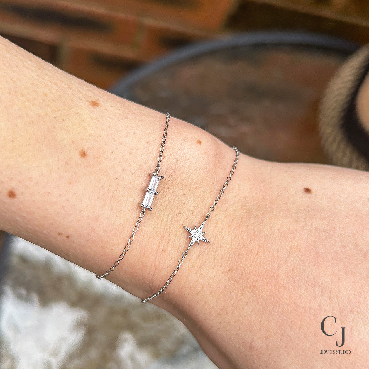 Silver and gold, dainty bracelets with thin chain and baguette style, clear zircon stones