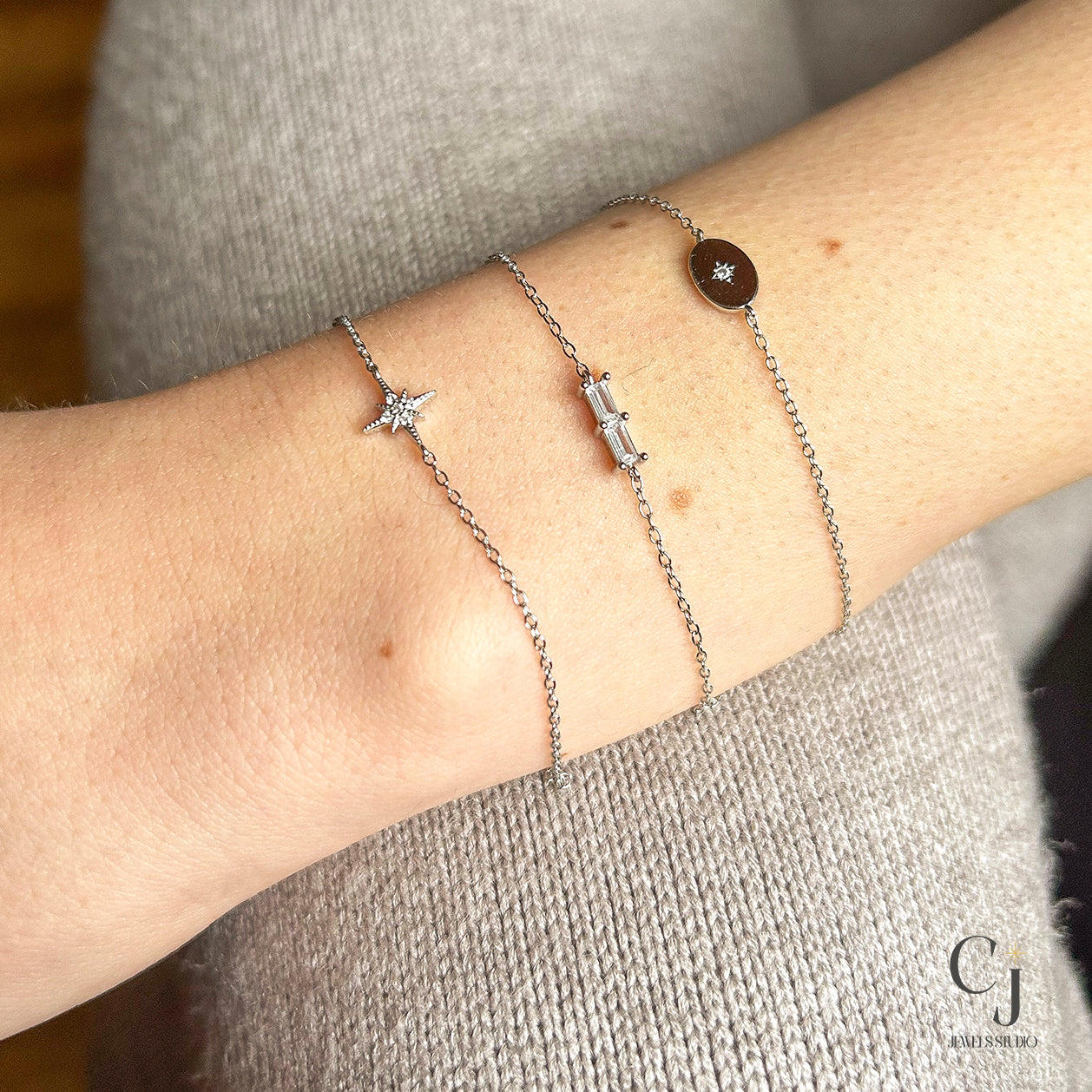 Silver and gold, dainty bracelets with thin chain and baguette style, clear zircon stones