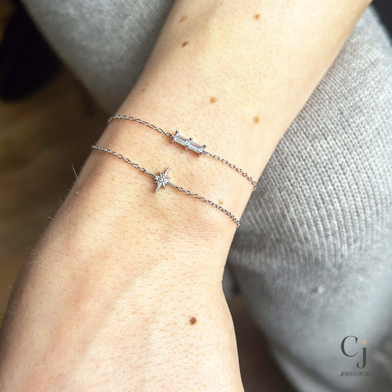 Silver and gold, dainty bracelets with thin chain and baguette style, clear zircon stones