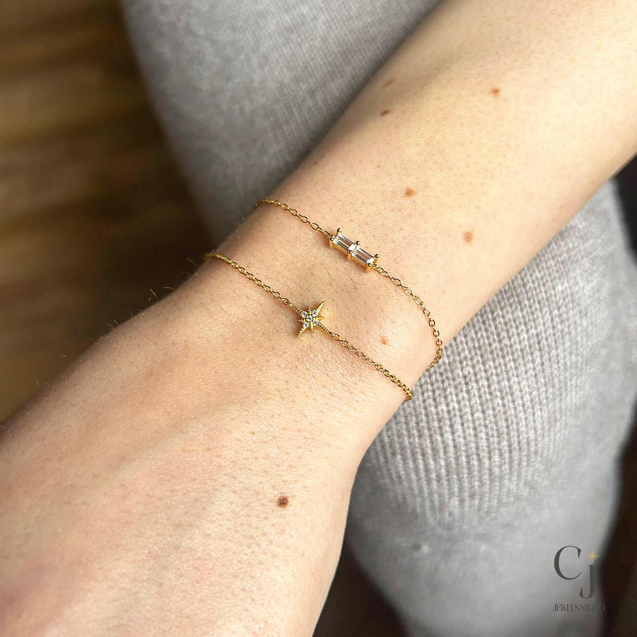 Silver and gold, dainty bracelets with thin chain and baguette style, clear zircon stones