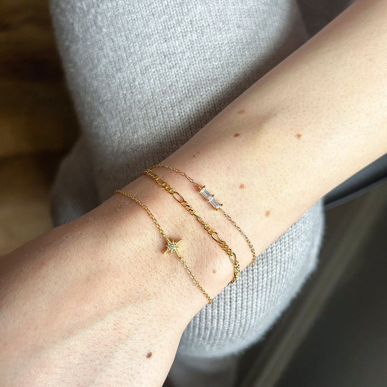 Silver and gold, dainty bracelets with thin chain and baguette style, clear zircon stones