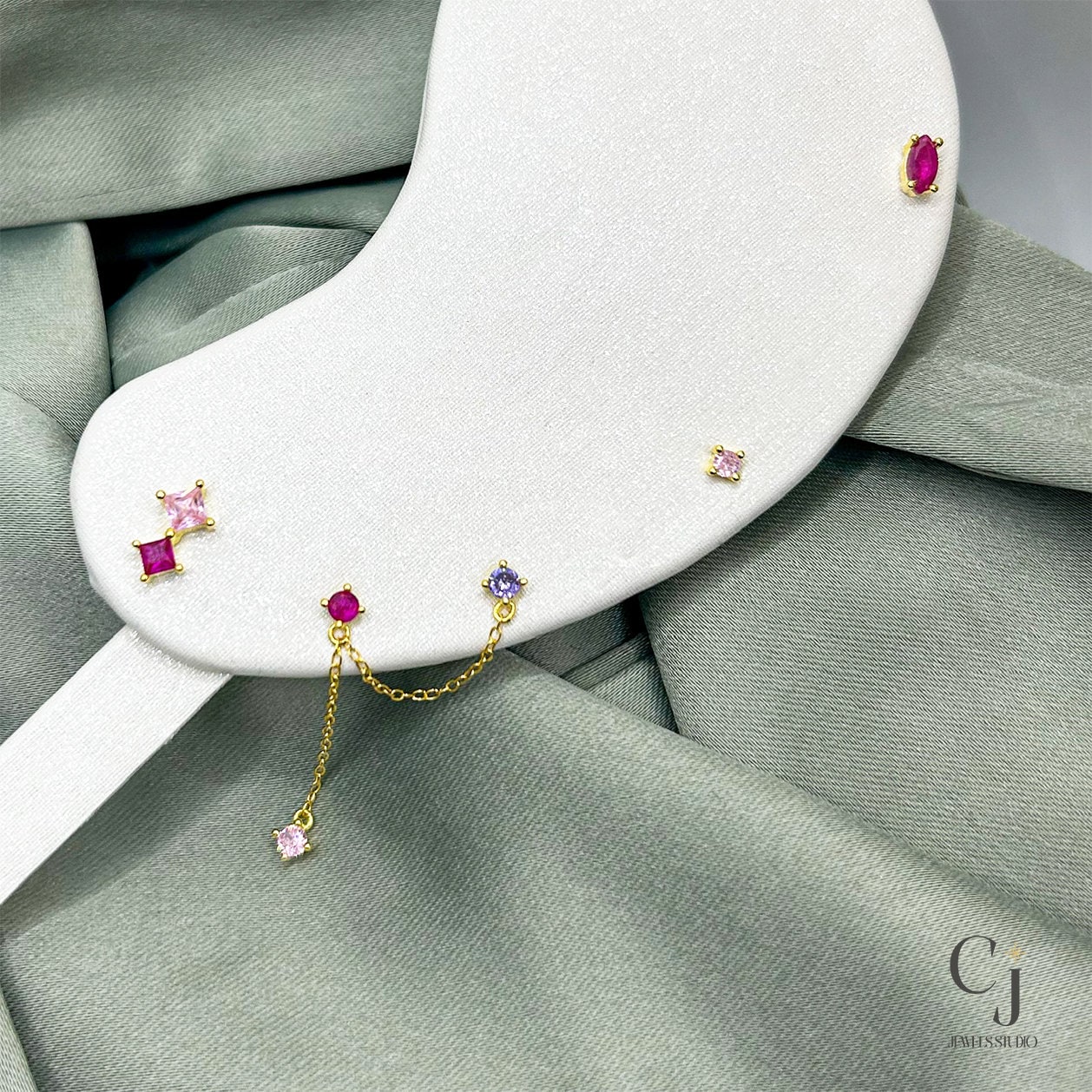 Pink CZ Double Stud Earring | Chain Gold Earring | CJ Jewels Studio