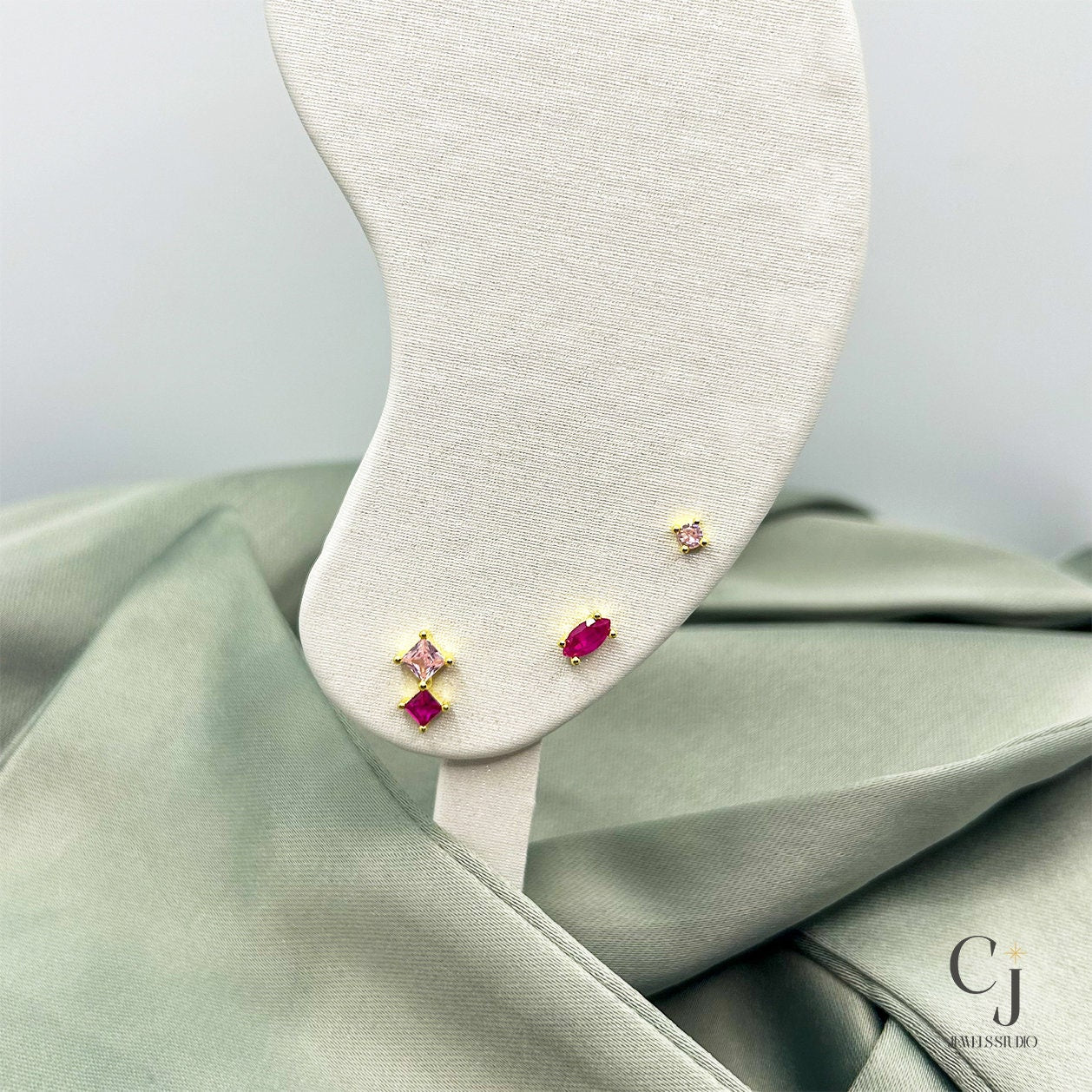 Pink Stone Gold Stud Earring | Trio Set Earring | CJ Jewels Studio