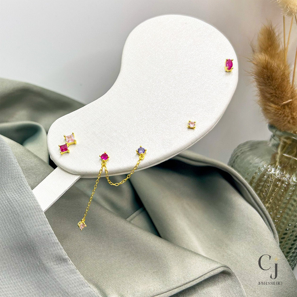 Pink Stone Gold Stud Earring | Trio Set Earring | CJ Jewels Studio