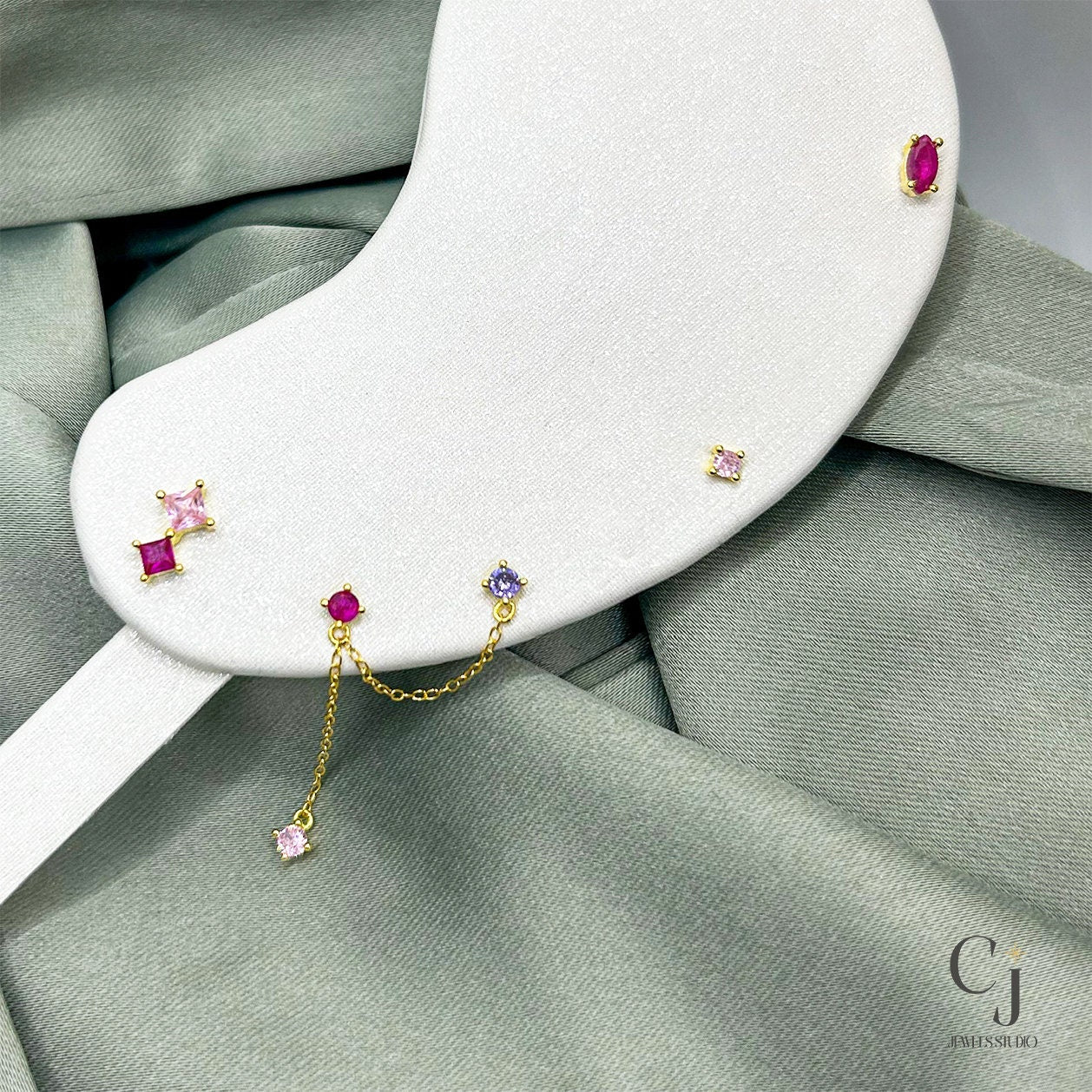 Pink Stone Gold Stud Earring | Trio Set Earring | CJ Jewels Studio