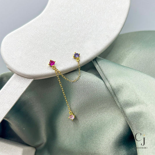 Pink CZ Double Stud Earring | Chain Gold Earring | CJ Jewels Studio